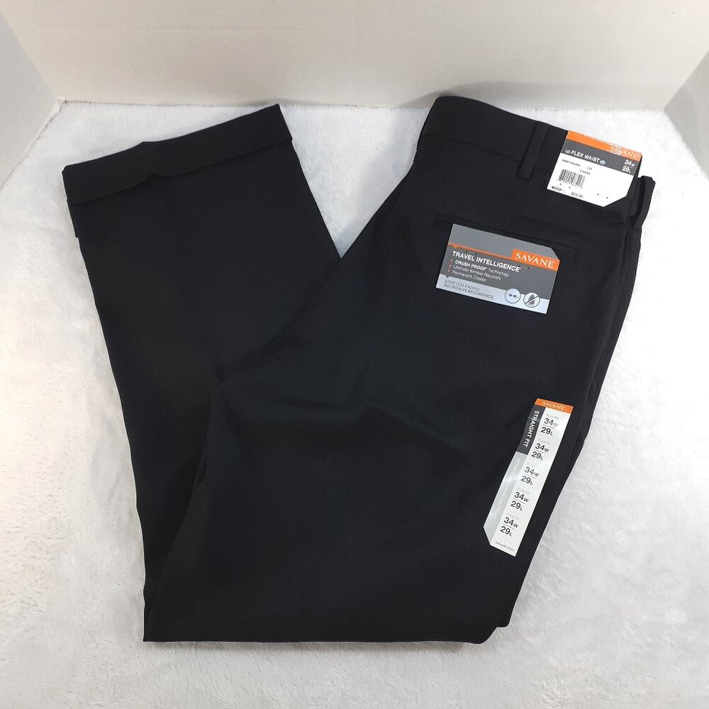 Savane Dress Pants Mens 34x29 Black Travel Intelligence Pleated Stretch NWT